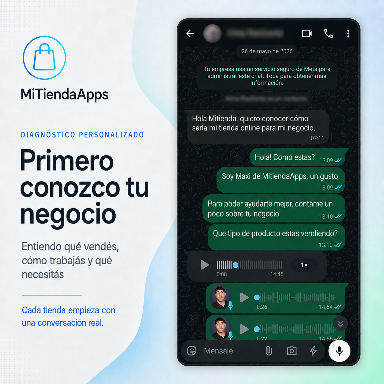 Captura real del diagnóstico inicial por WhatsApp para conocer el negocio del cliente